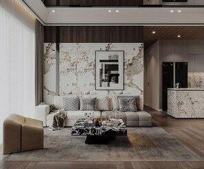 Departamento empresarial, 1 habitación, balcón, vista a la ciudad | Minibar, decoración personalizada y escritorio