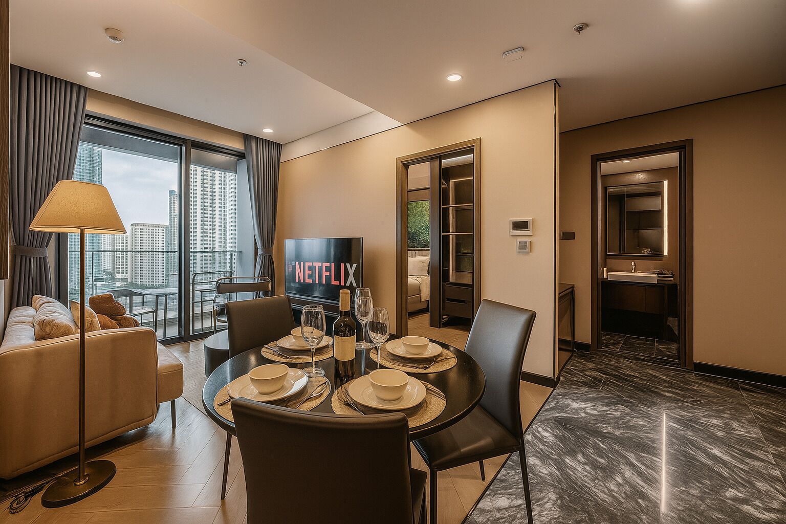 Appartamento Basic, 1 camera da letto, balcone, vista città | Cucina privata | Frigorifero, microonde, piano cottura, pentole/stoviglie/utensili