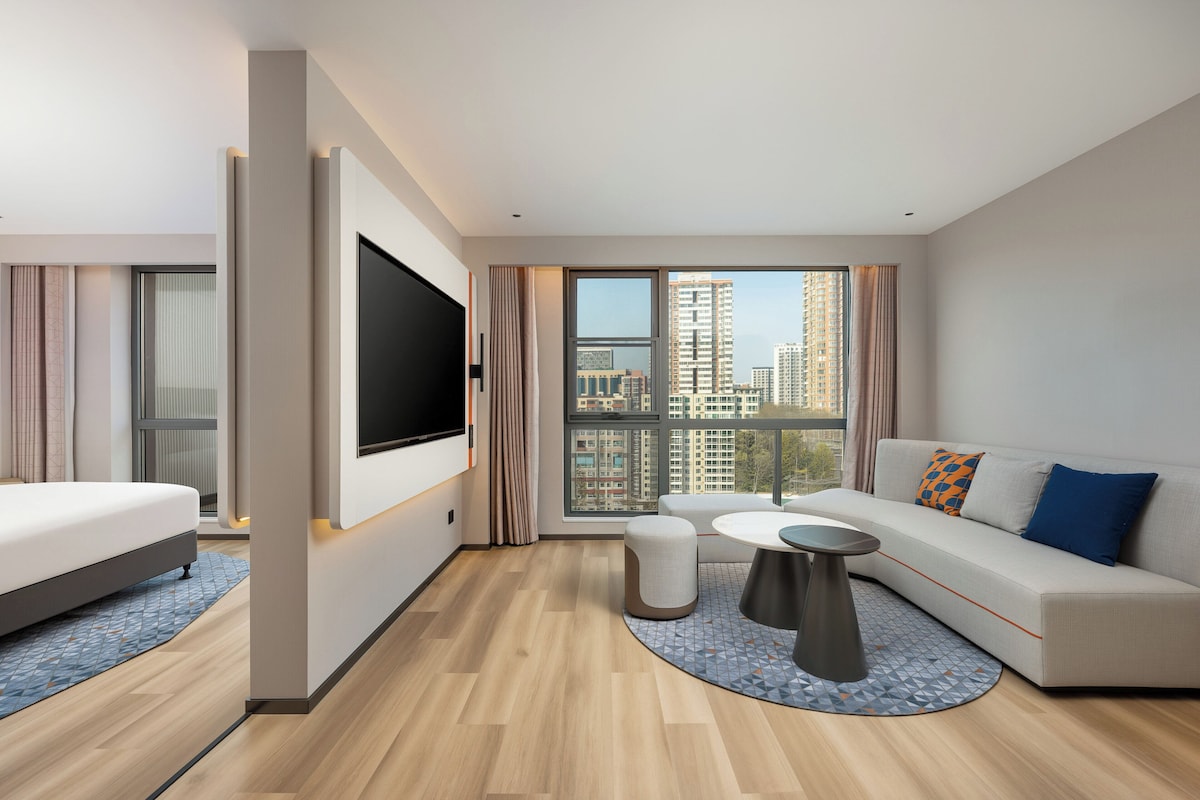 A modern hotel room with a bed, sofa, TV, and a city view.