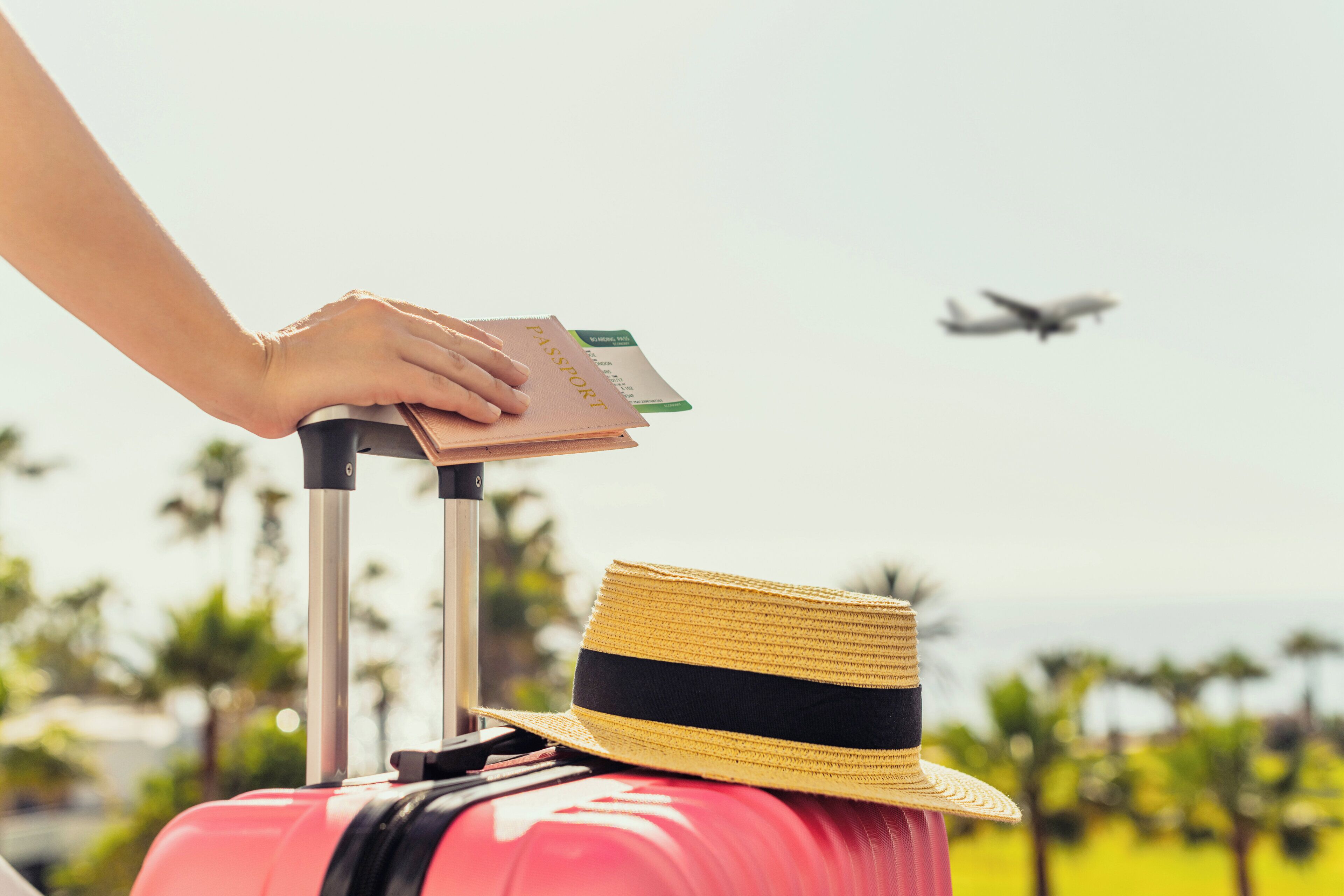 A hand placing a passport on a pink suitcase with a straw hat beside it, set against a backdrop of palm trees and a clear sky.