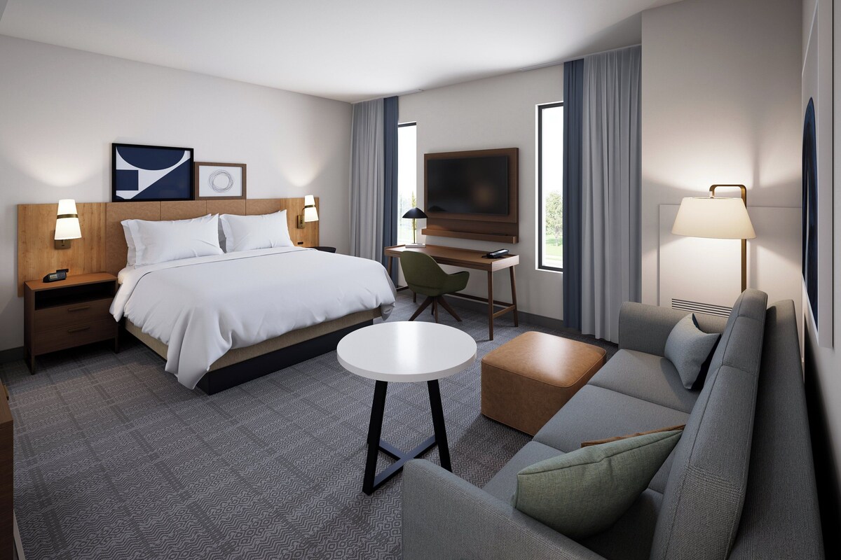 Una habitación de hotel con cama, escritorio, televisor y sofá.
