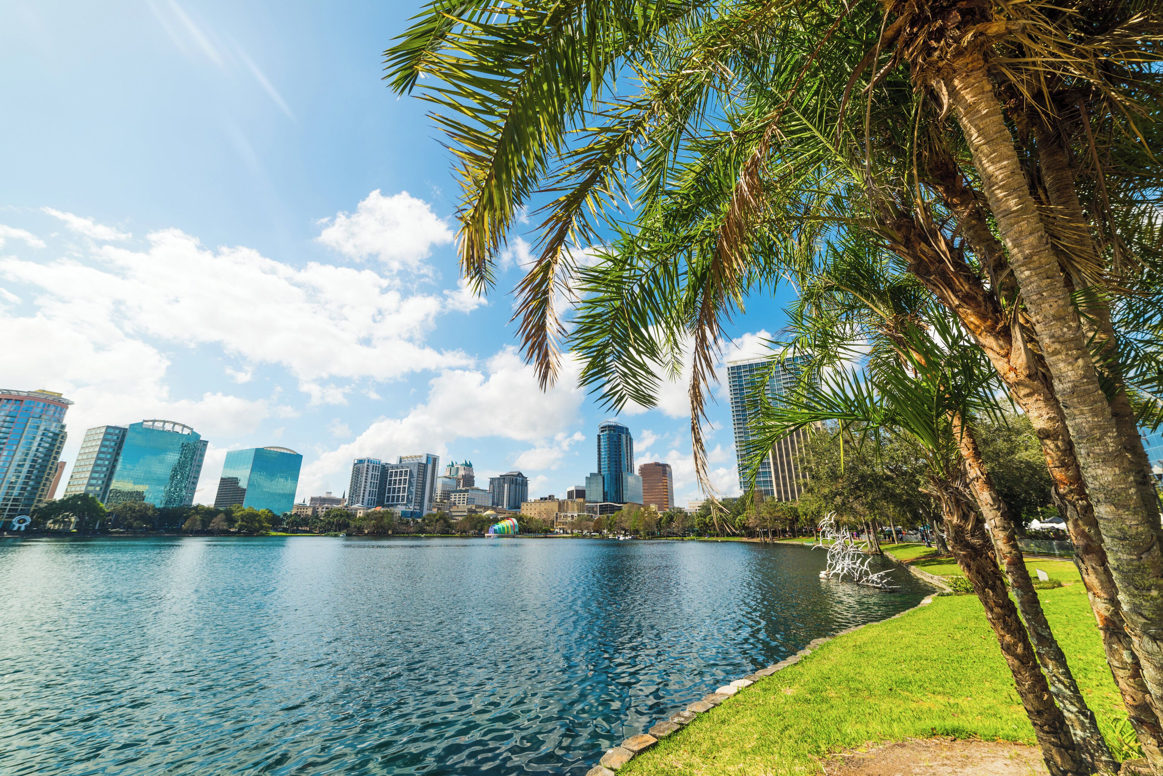 A lake with a city skyline in the background, surrounded by palm trees and a grassy area.