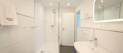 A modern bathroom with a glass-enclosed shower, a white sink, and a large mirror.