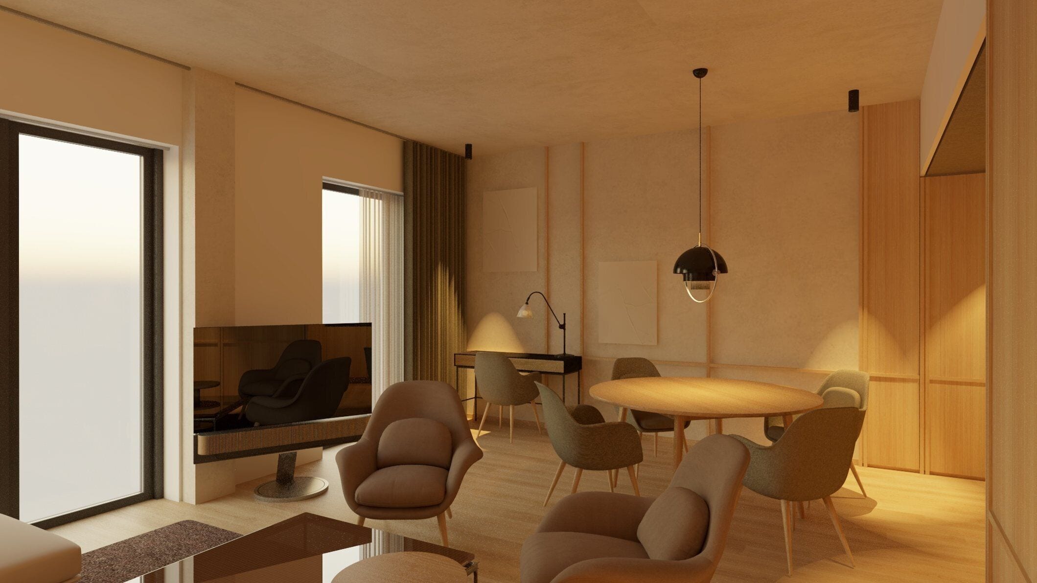 A modern living room with a round dining table, comfortable seating, a flat-screen TV, and a large window with curtains.