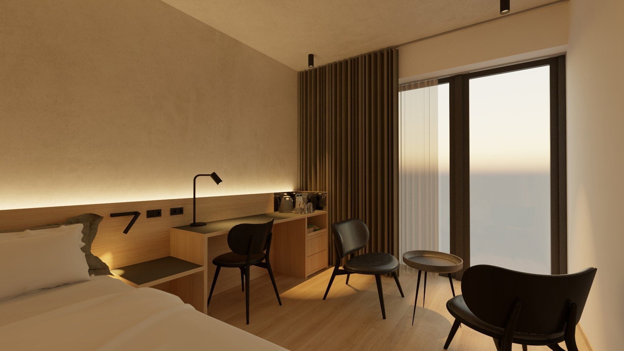 A modern hotel room with a bed, a desk with a chair, a small table, and a large window with curtains.
