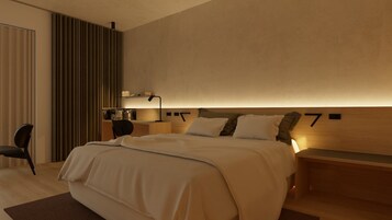 Ein modernes Hotelzimmer mit einem großen Bett, Nachttischen, einem Schreibtisch und einem Stuhl.