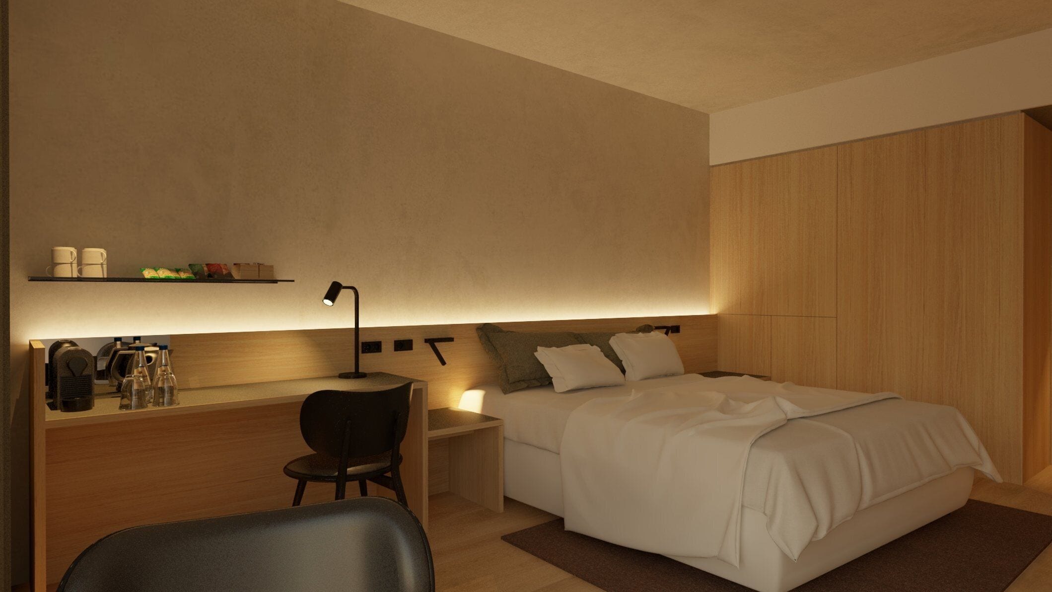 Une chambre d’hôtel moderne équipée d’un lit, d’un bureau avec une chaise, d’une table de chevet et d’une étagère contenant des articles de toilette.