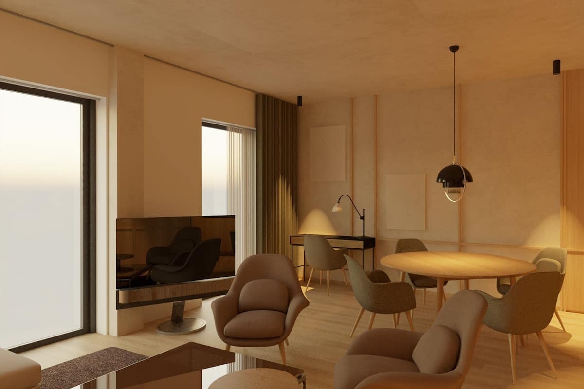 Una sala de estar moderna con una mesa de comedor redonda, asientos cómodos, un televisor de pantalla plana y un gran ventanal con cortinas.