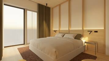 Una habitación de hotel moderna con una cama grande, una mesita de noche y vistas a la ciudad a través del ventanal.