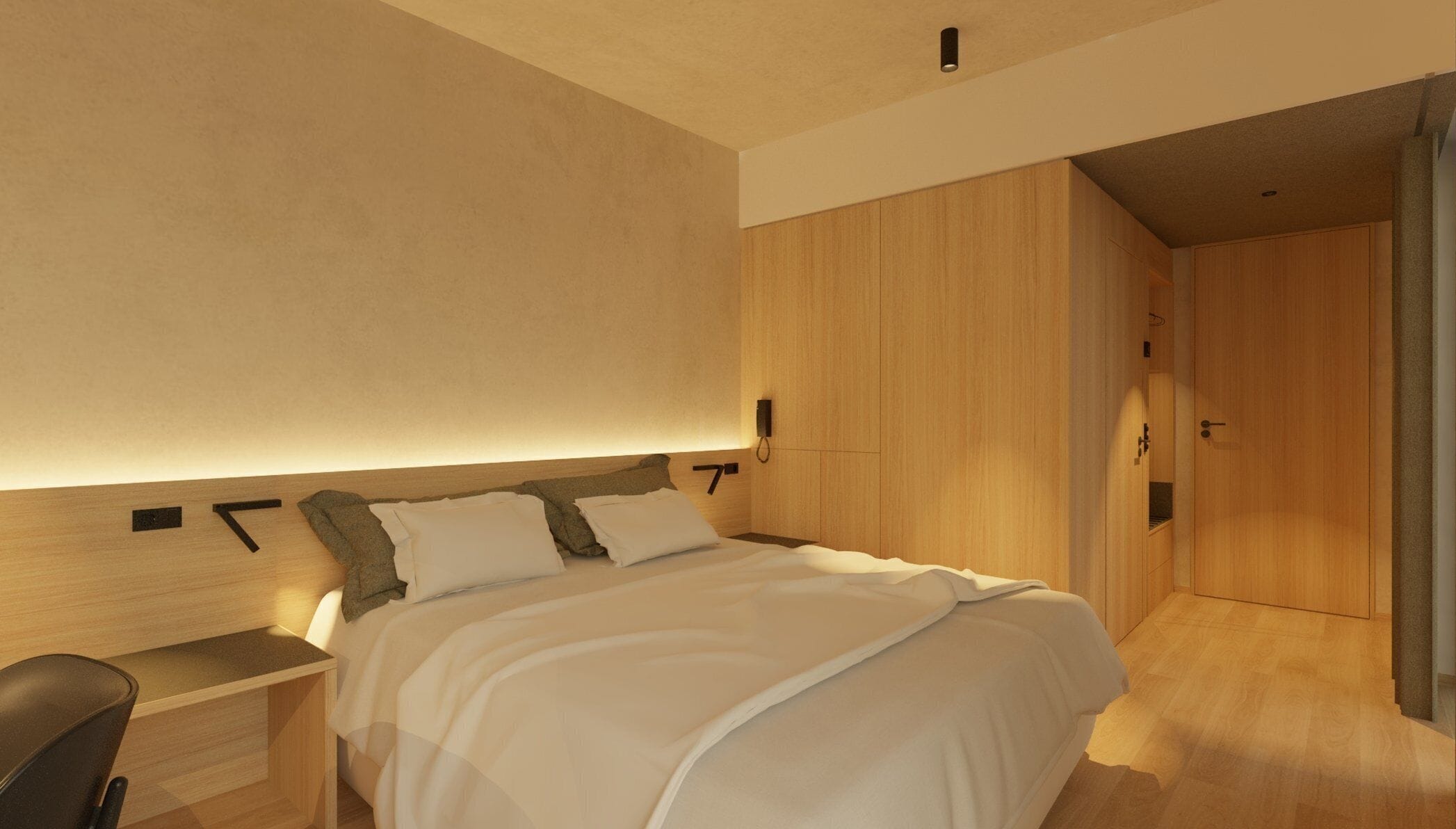 A modern bedroom with a large bed, a bedside table, a wardrobe, and a door leading to another room.