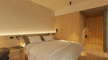 A modern bedroom with a large bed, a bedside table, a wardrobe, and a door leading to another room.