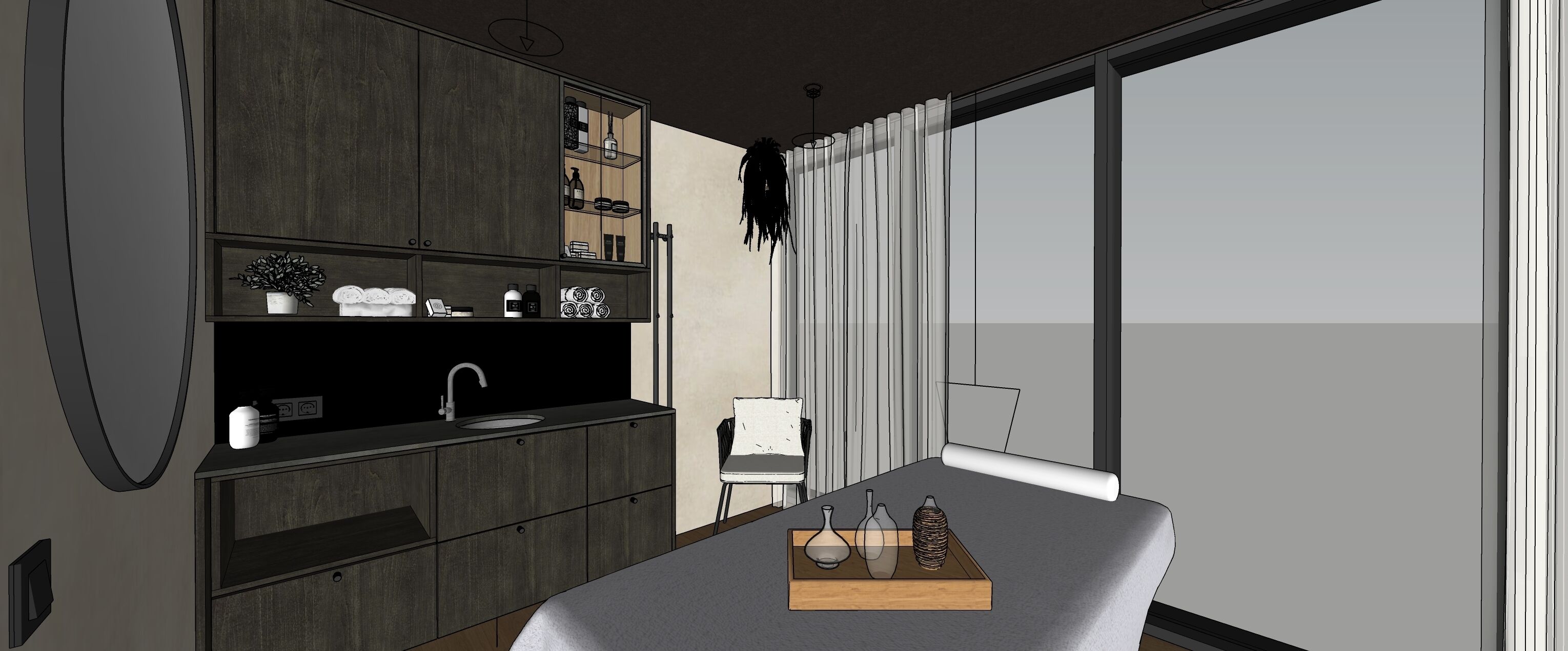 A modern kitchen with a built-in sink, dark wood cabinets, and a window with sheer curtains.