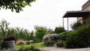 A garden with yellow flowers, a gravel path, and a building with a covered area. - Tupungato Divino (Tupungato)