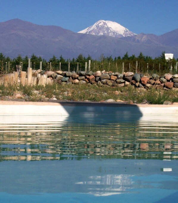Seasonal outdoor pool, pool loungers