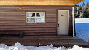 Una cabaña de troncos con fachada de madera, una puerta principal y una ventana.