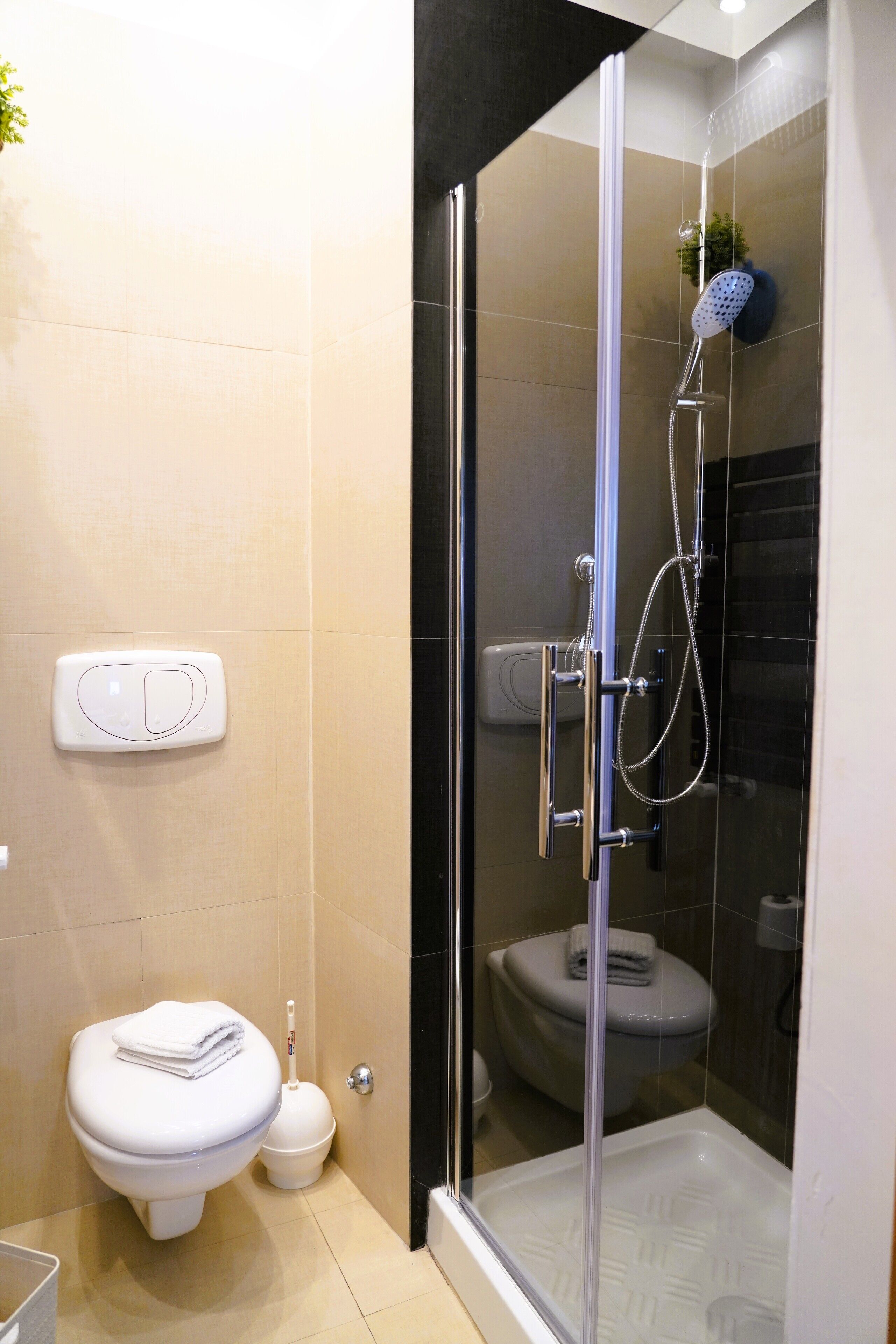 Une salle de bain moderne dotée d’une douche à parois de verre, de toilettes et d’un bidet.