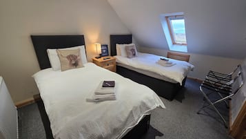 Un dormitorio con dos camas, una mesita de noche con lámpara, una ventana y un tendedero.