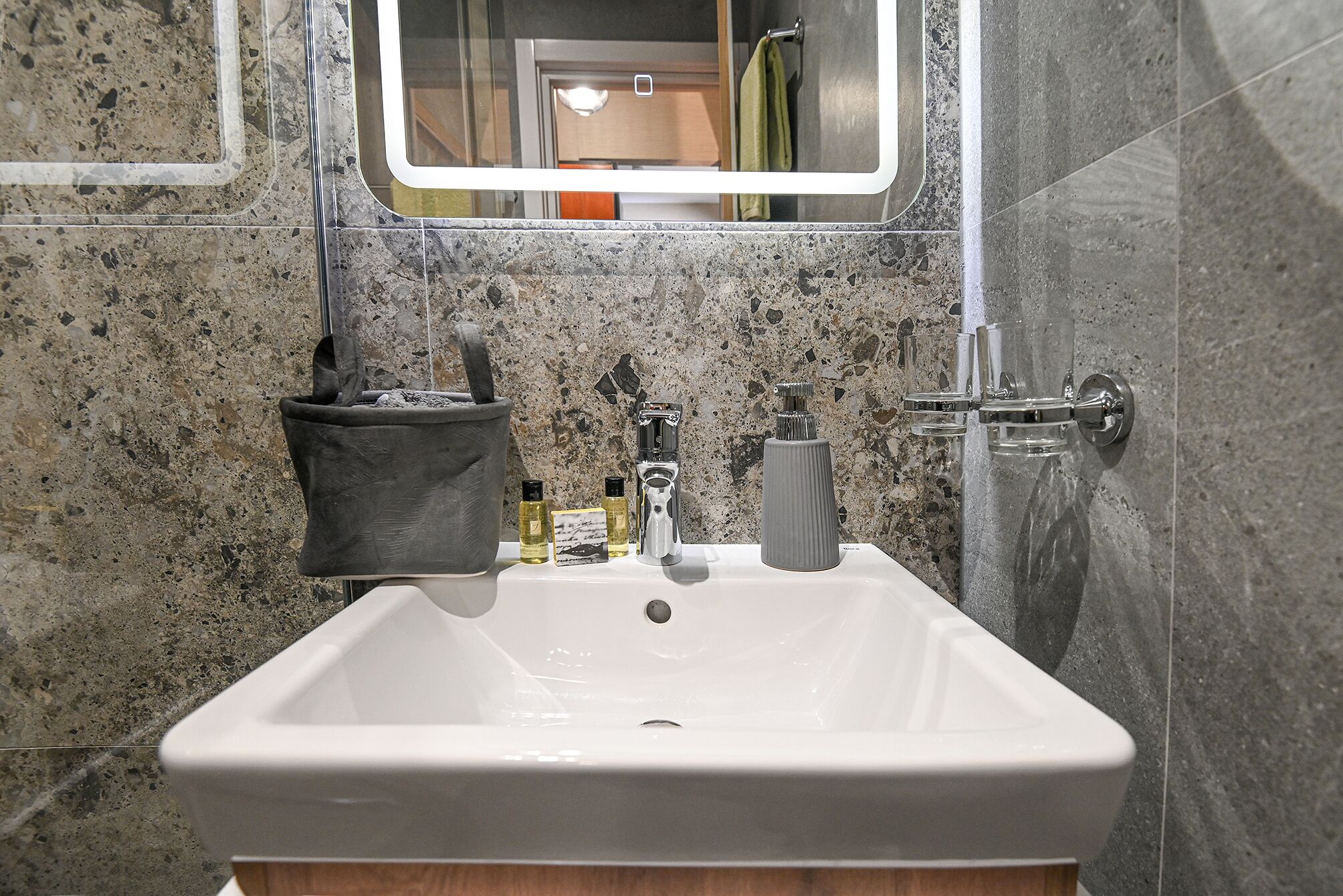 Hair dryer, towels, soap, toilet paper