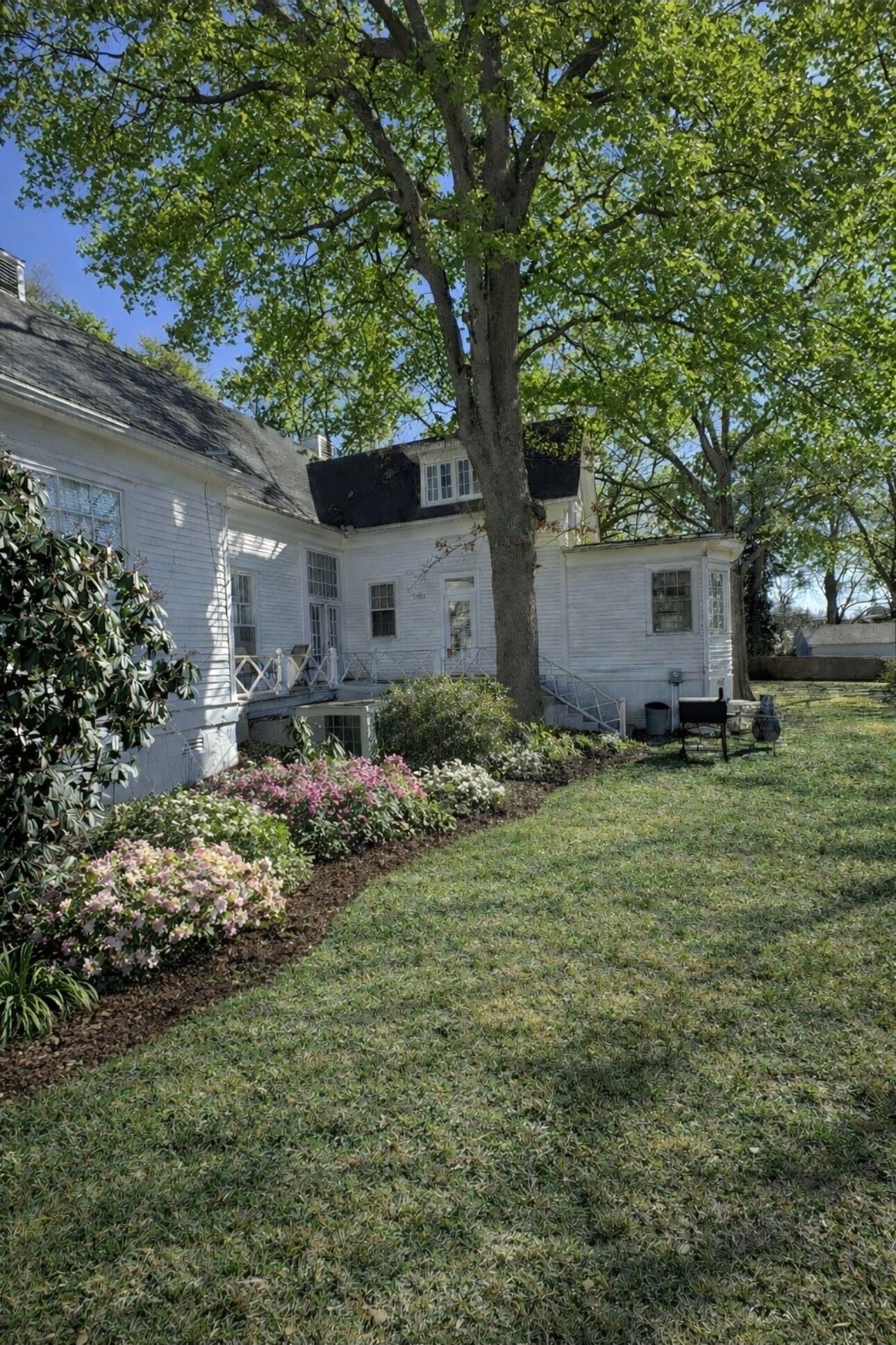 A white house with a large tree in front, a small porch, and a well-maintained lawn.
