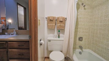 Hair dryer, towels, soap, toilet paper