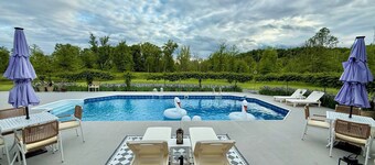 Pool House with Private Creek, Fire Pit, Outdoor Dining + Modern Design