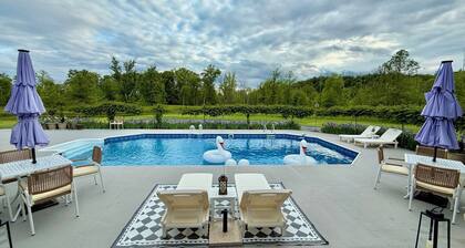 Pool House with Private Creek, Fire Pit, Outdoor Dining + Modern Design