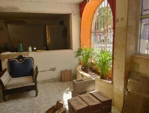 A room with a large mirror, a chair, potted plants, and boxes on the floor. - Kom Shot 38 (Cancún)