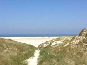 Un sentiero costiero che conduce a una spiaggia con dune e cielo sereno.