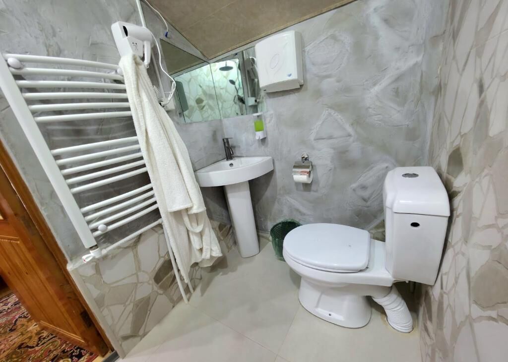 Un baño con inodoro blanco, lavamanos, toallero y espejo.