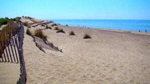 A sandy beach with a wooden fence and sparse vegetation. - Côté Terrasses, 4 pers Piscine à Calvisson (Calvisson)