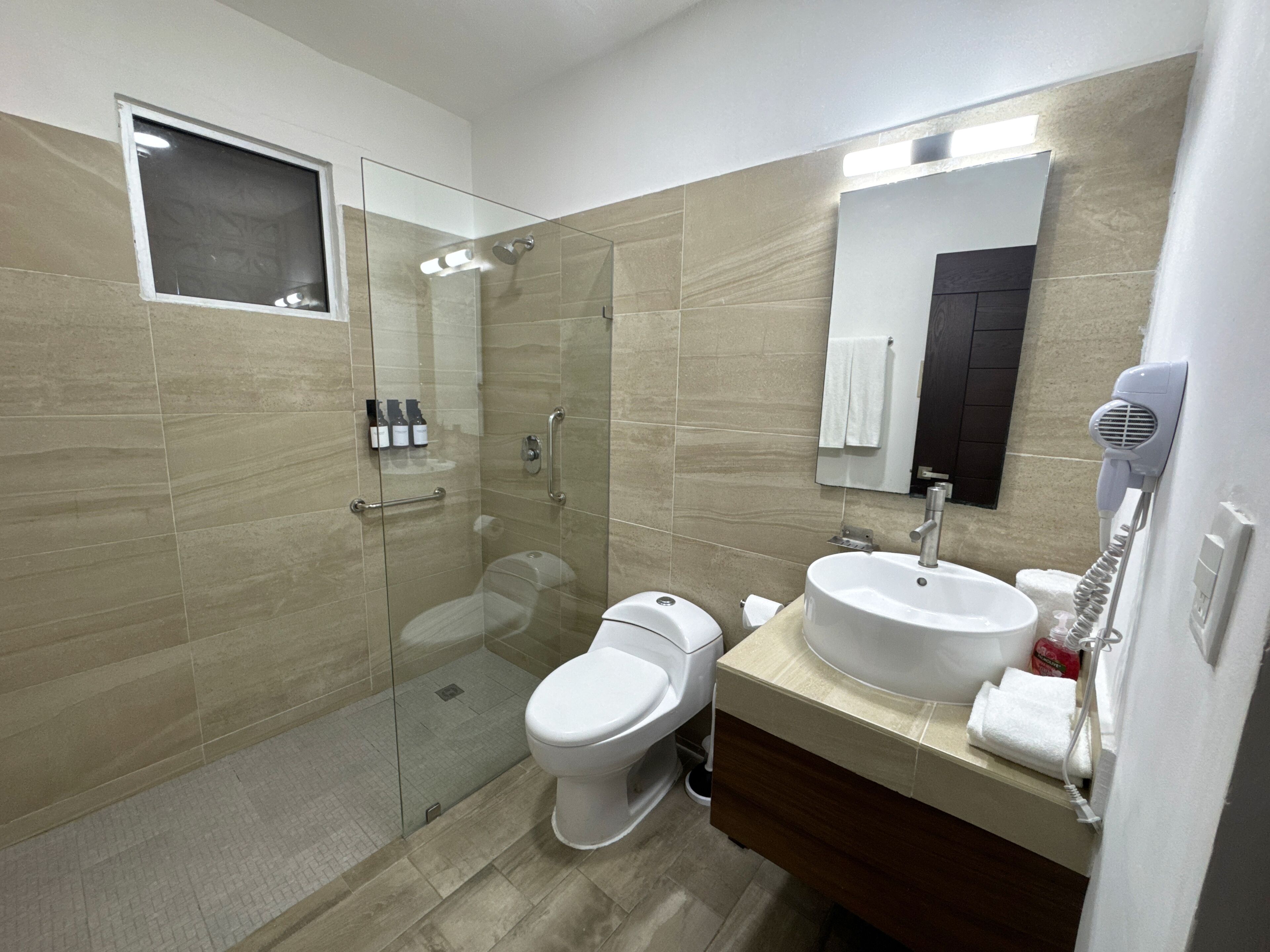 A modern bathroom with a glass-enclosed shower, a toilet, a sink, and a mirror.
