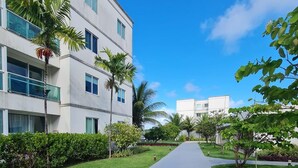 Un sendero conduce a un edificio moderno de varios pisos, rodeado de vegetación cuidada y palmeras.