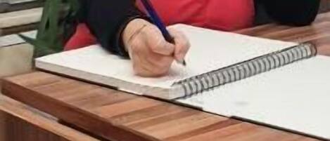 Una persona sentada en un escritorio de madera con un cuaderno, en una habitación que tiene una planta y una lámpara fijada a la pared.