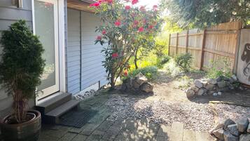 A residential garden with a potted plant, a small rock garden, and a wooden fence.