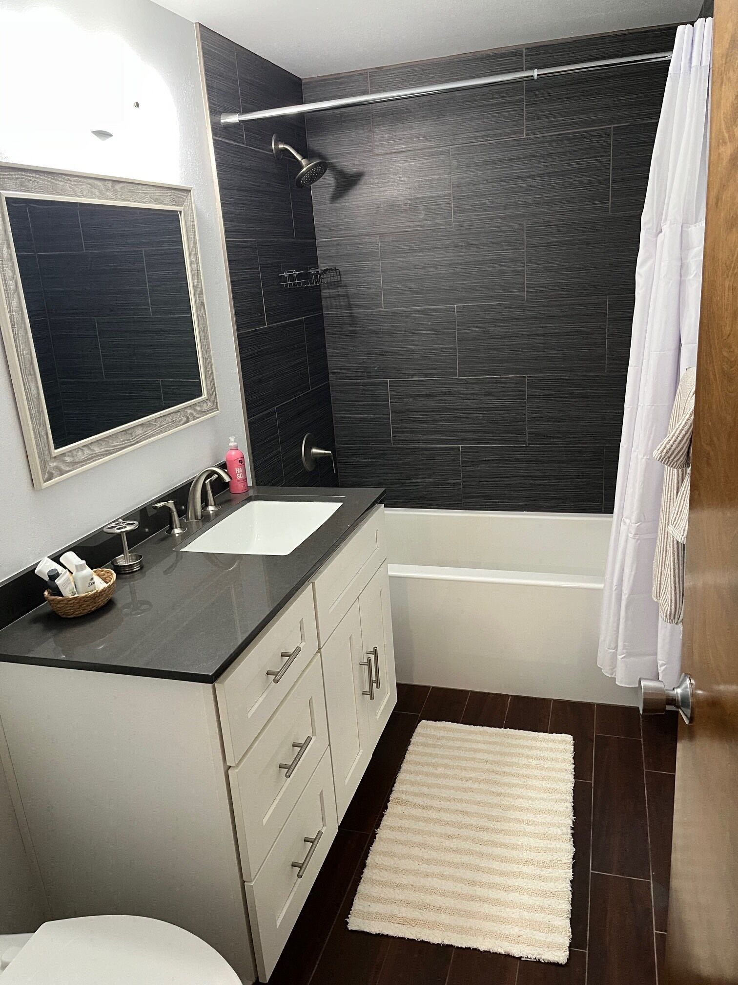 Hair dryer, towels, soap, toilet paper