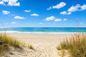 Une plage avec du sable et de lâherbe au premier plan, un ciel bleu dĂ©gagĂ© et lâocĂ©an en arriĂšre-plan.