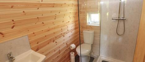 A bathroom with wooden panel walls, a glass-enclosed shower, a white toilet, and a sink with a mirror.