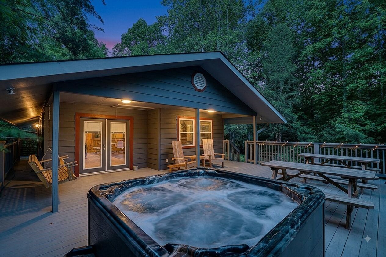 A hot tub on a wooden deck with a covered seating area and a view of the surrounding trees.