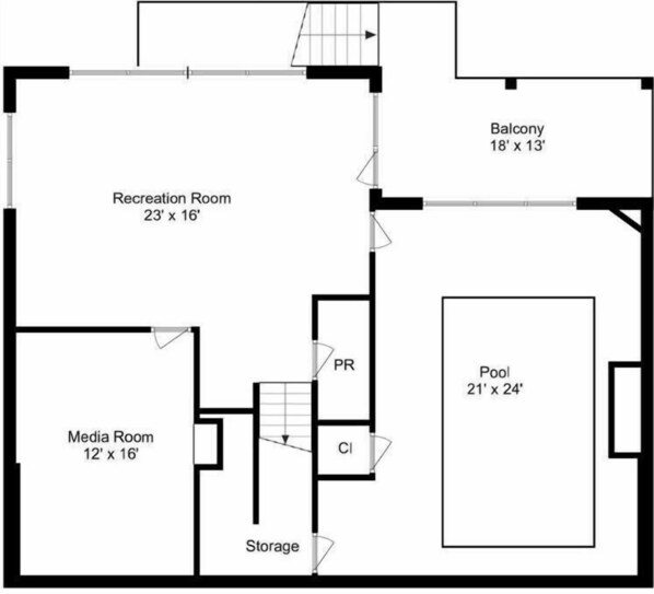 Ein Grundriss mit Erholungsraum, Mediarraum, Abstellraum, Schwimmbad, Balkon und einem PR/CI-Bereich.
