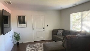 A living room with a grey sofa, a small rug, a potted plant, and two framed pictures on the wall.