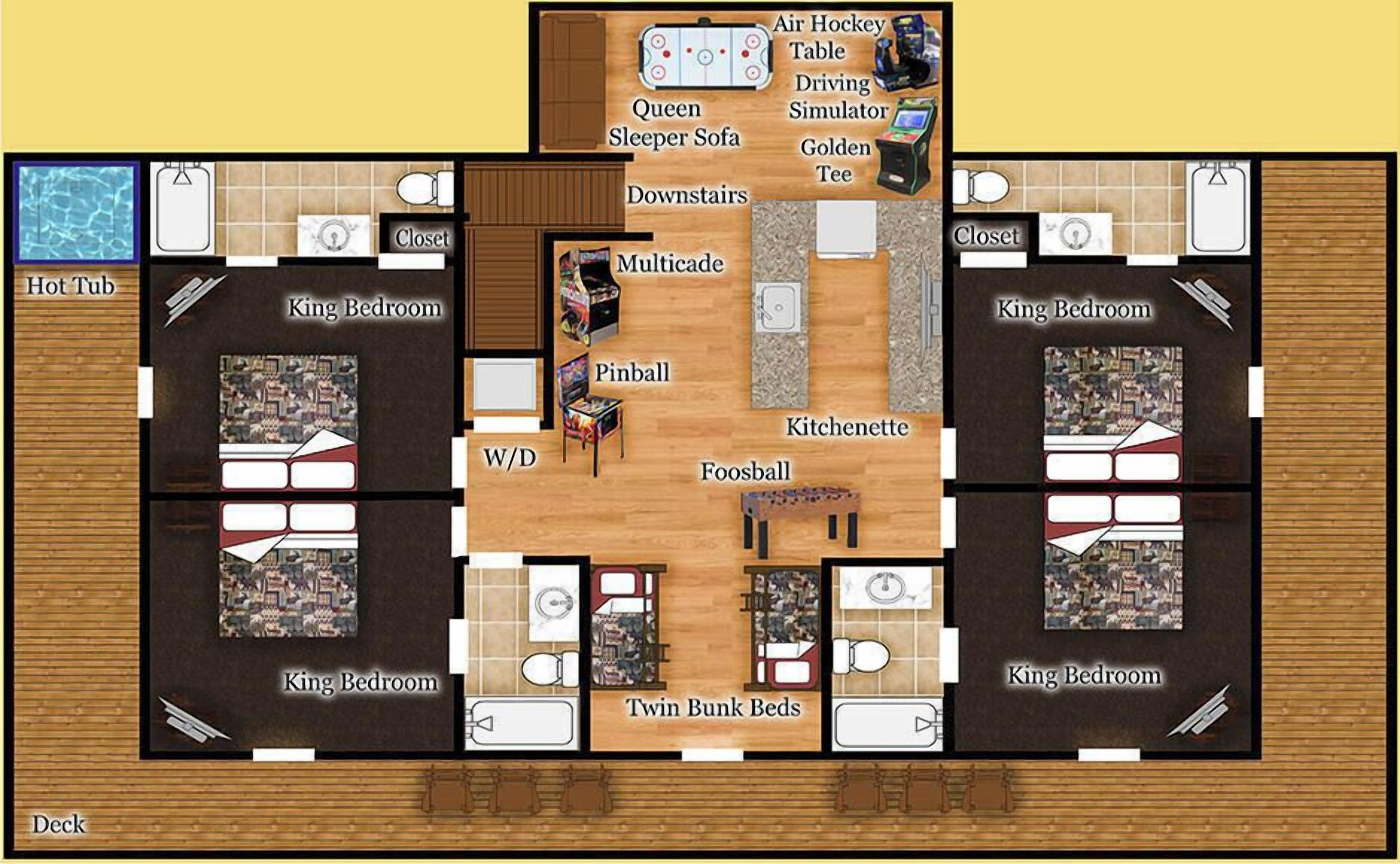 A hotel layout with two King Bedrooms, a W/D, a Foosball table, a Kitchenette, a Multicade, a Pinball, and an Air Hockey Table.