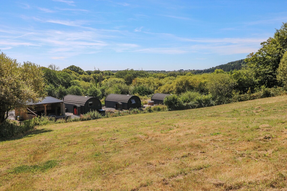 A rural landscape with a row of barns and a house, surrounded by greenery and hills.