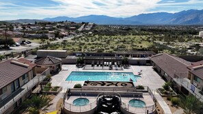 Outdoor pool, pool umbrellas, pool loungers