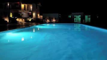 Outdoor pool, pool umbrellas, pool loungers