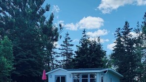 Une maison de plain-pied dotée d’une terrasse, entourée d’une pelouse et de grands arbres.
