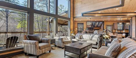 Televisión, chimenea, videojuegos, mesa de ping pong