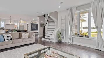 TV, fireplace, video games, foosball