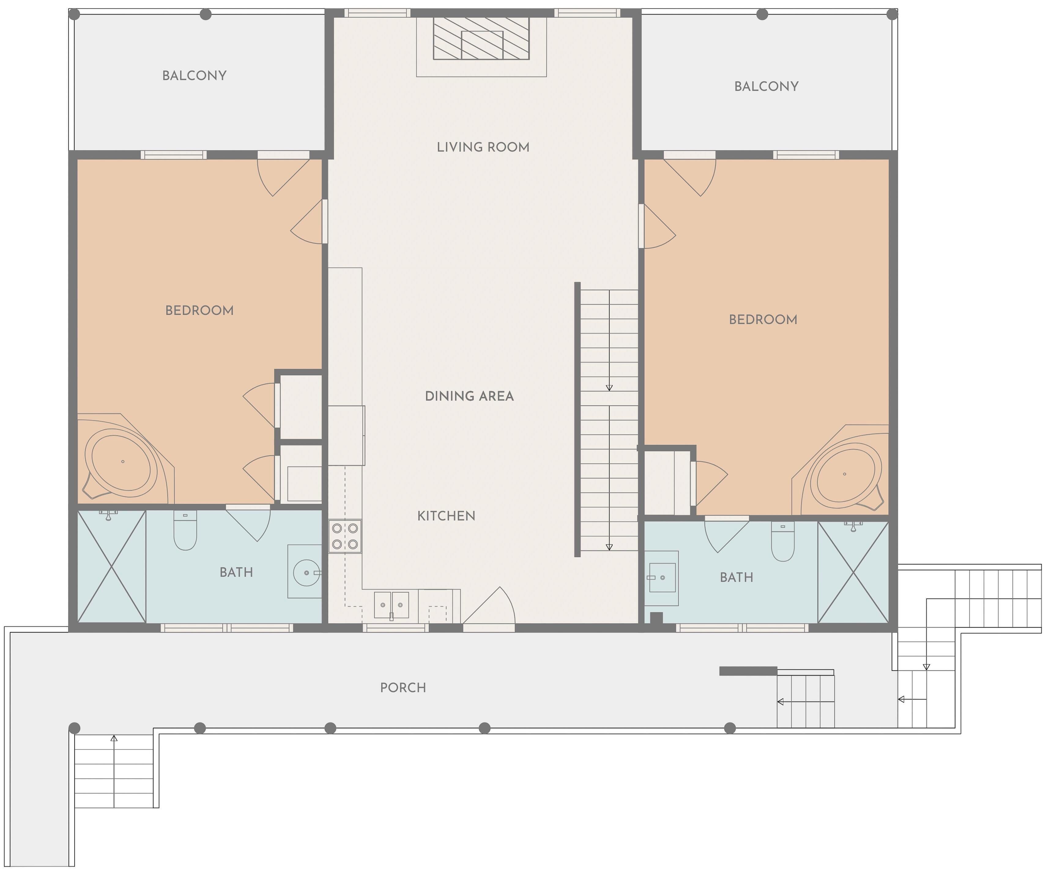 Un plan d’étage d’un hôtel comprenant deux chambres, un salon, un coin repas, une cuisine, deux salles de bain et un balcon.