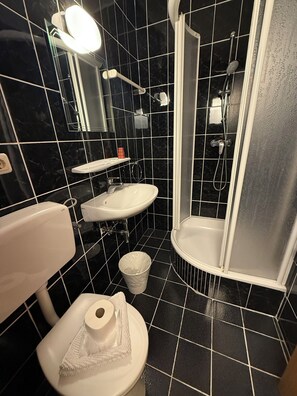 Shower, towels, soap, toilet paper