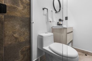A modern bathroom with a toilet, sink, and glass shower enclosure. - Modern Apartment with Pool in Querétaro (El Marques)